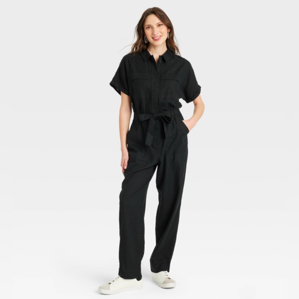 UNIVERSAL THREAD Short Sleeve Linen Boilersuit Jumpsuit in Black Size 2 NWT